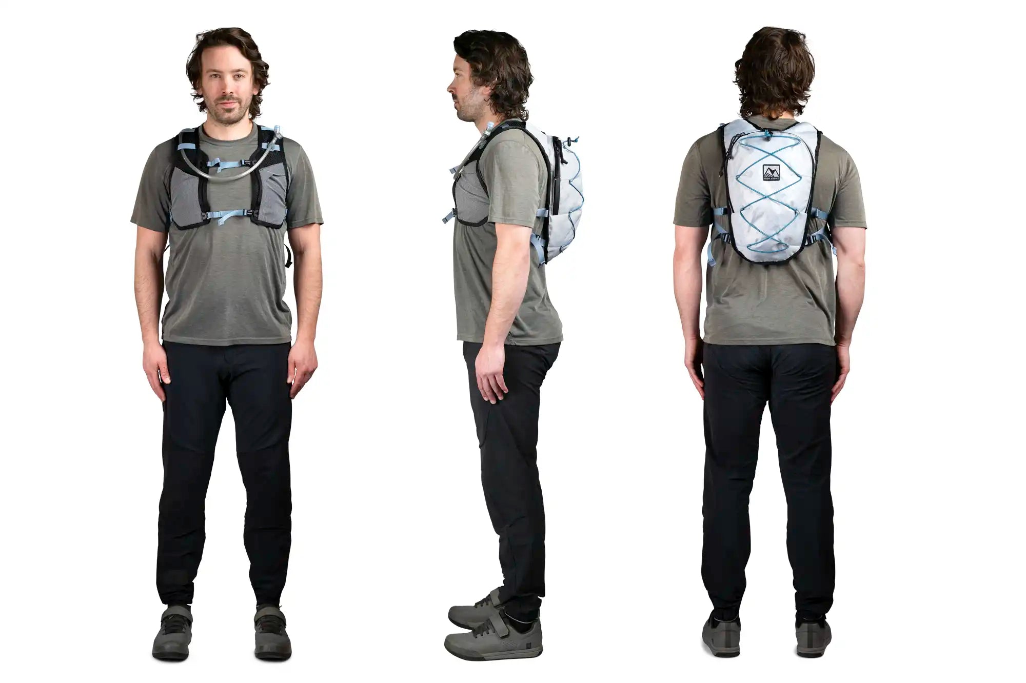 Front, Side, and Back views of person wearing the High Above Supernatural Hydration Vest Pack
